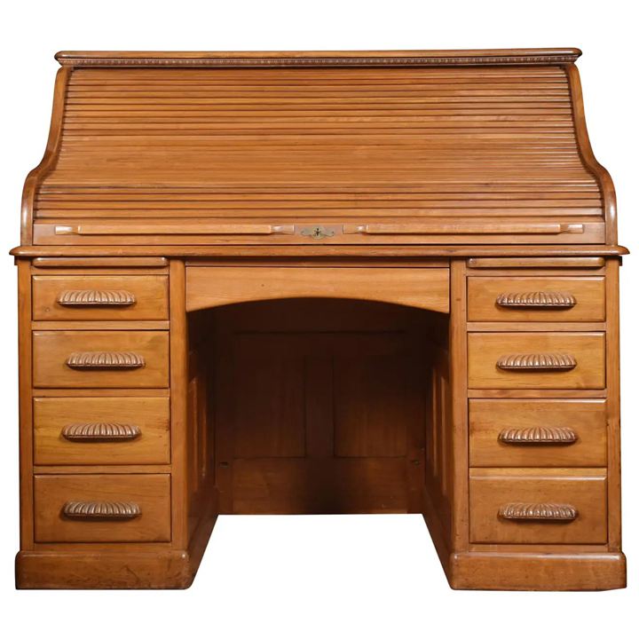 2. Walnut Pedestal Roll Top Desk