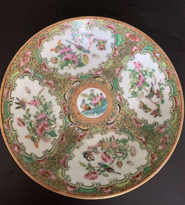 antique 1840 Canton chinese rose medallion porcelain Dish Bowl