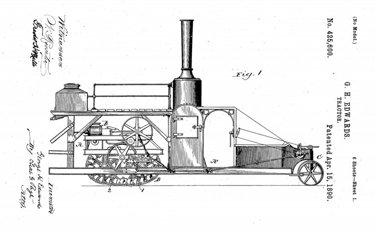 This 1890 patent is one of the first known recorded uses of the term “tractor” to describe an agricultural powered vehicle. U.S. Patent Office