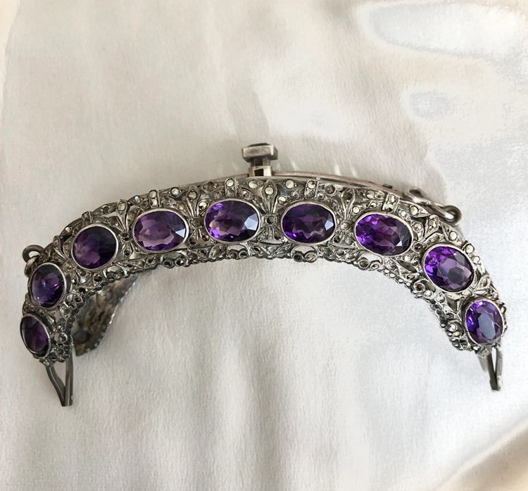 An Antique Gemstone Encrusted Amethyst Victorian 800 Silver Purse Frame