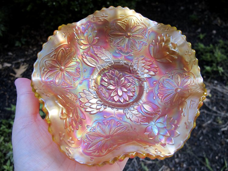 Antique Fenton Reverse Amberina Opal Waterlily Carnival Glass Bowl