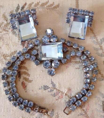 Art Deco Emerald Cut Blue Ice Rhinestone Bracelet and Clip-On Earrings Set