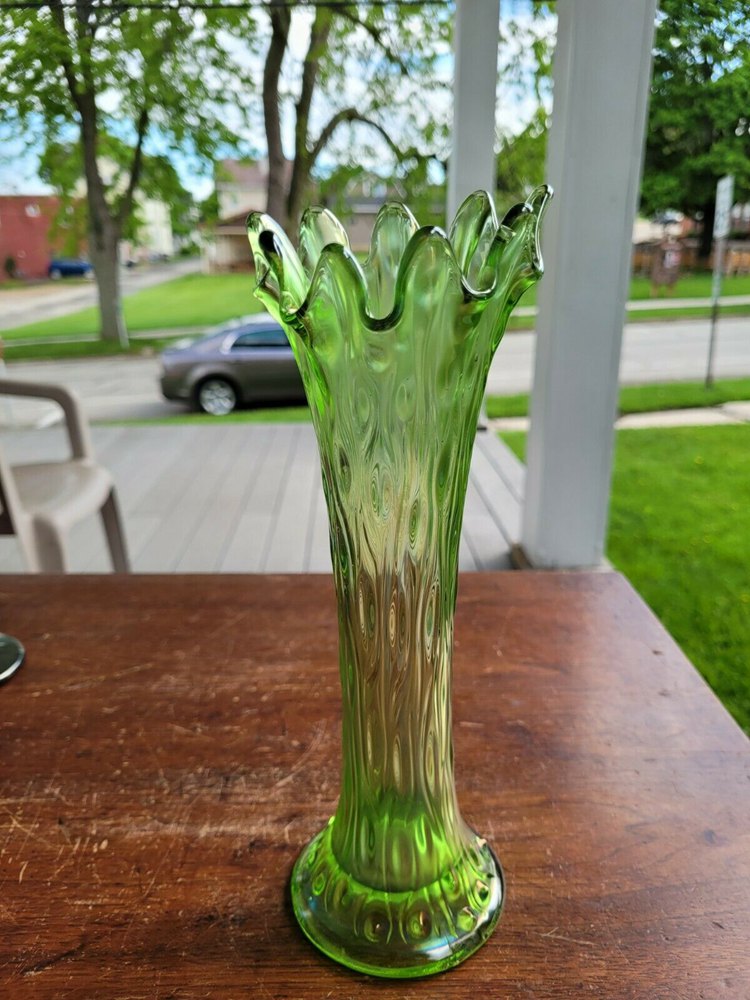 Awesome Signed Ice or Lime Green Northwood Carnival Glass Tree Trunk Vase