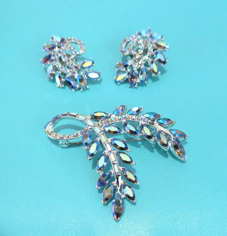 Dodds Aurora Borealis Marquis & Baguette Rhinestone Pin & Clip-on Earrings Set