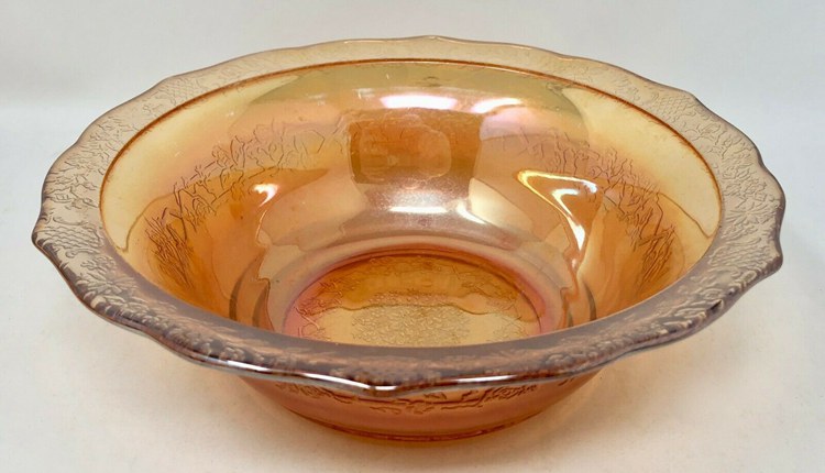 Federal Glass Normandie Marigold Carnival Glass Bowl, Bouquet & Lattice Pattern