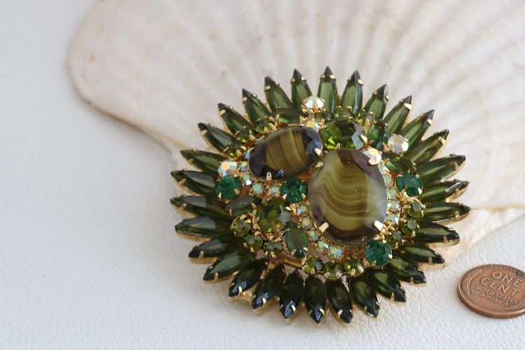 Large Art Glass Navette Cabochon Rhinestone Green Brooch