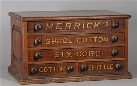 Merrick Thread Co. Gilt Labeled Cherry Five-Drawer Retail Counter Spool Cabinet