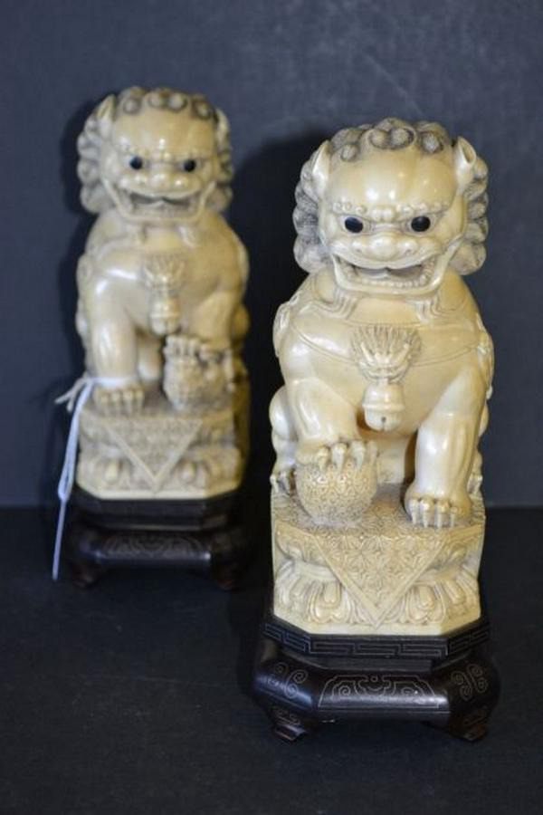 Pair of Carved Ivory Dogs of Fo