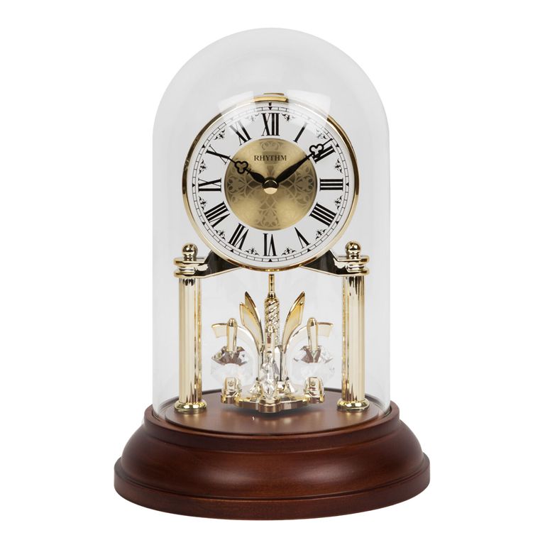 Rhythm Gold Anniversary Mantel Clock Wood Base Glass Dome w Pendulum 23 cm