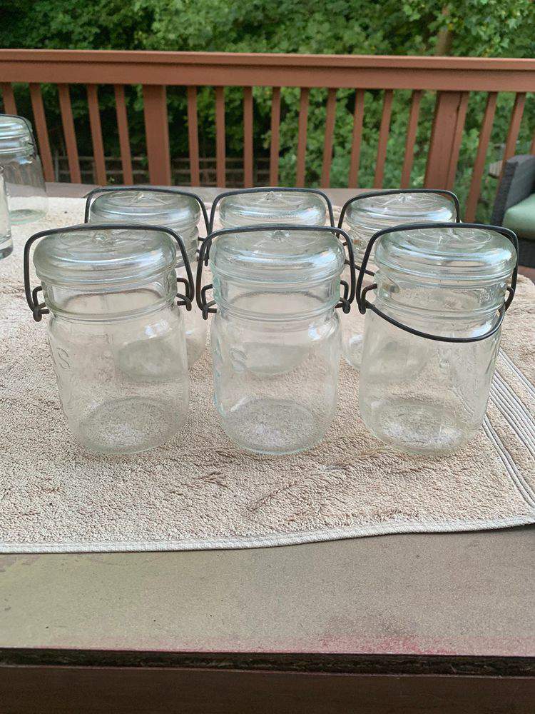 Six Vintage E-Z Seal Atlas Mason Jars