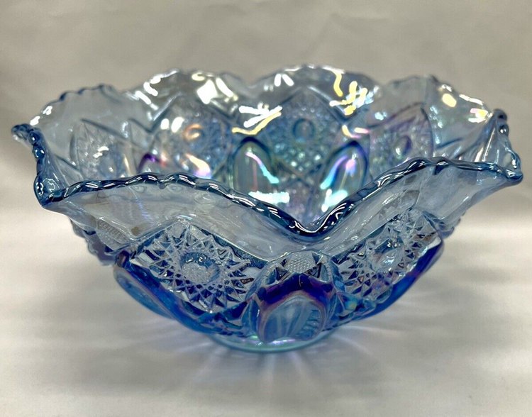 VTG MCM Imperial Starburst BOWL COBALT Blue Iridescent Carnival Glass 10.5” X 5”