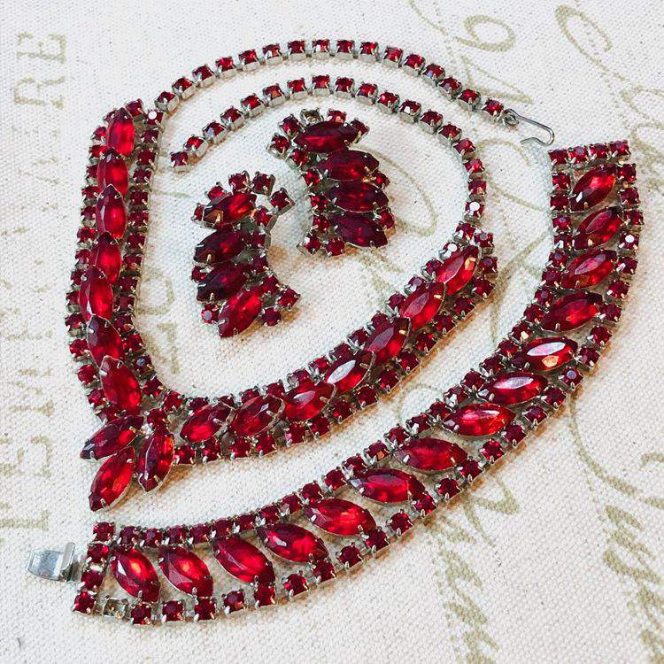 Vintage High-End Red Glass Rhinestone Necklace, Bracelet, and Clip-On Earrings Set