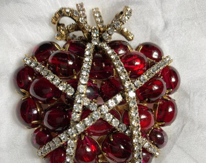Vintage Iradj Moini Rhinestone-wrapped Ruby Heart Brooch