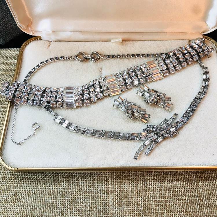 Vintage Kramer New York Clear Rhinestone Silver Necklace, Bracelet, and Earrings Set