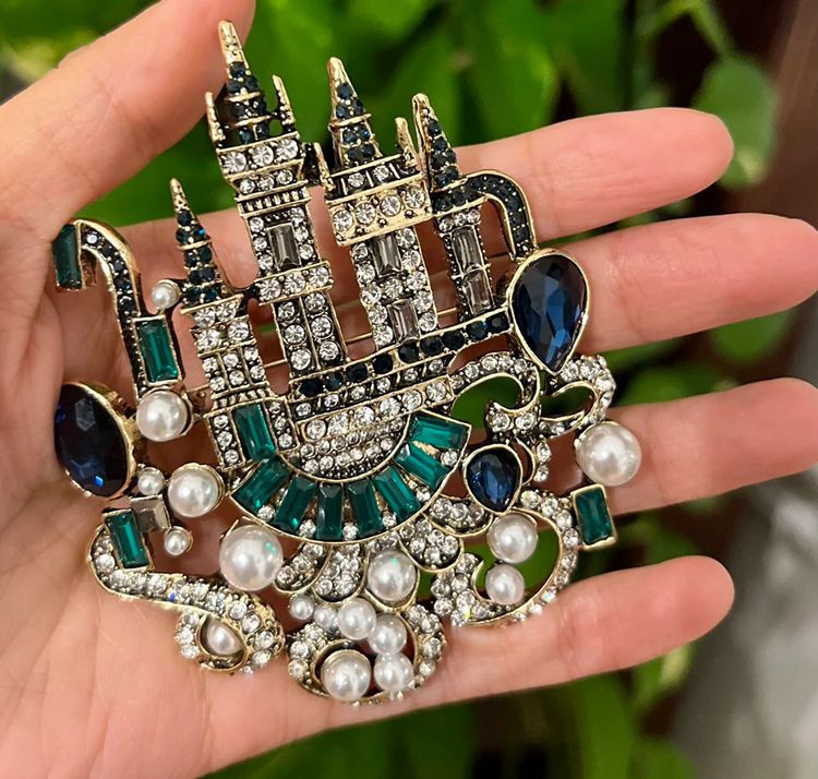 Vintage Rhinestone and Pearl Castle Brooch