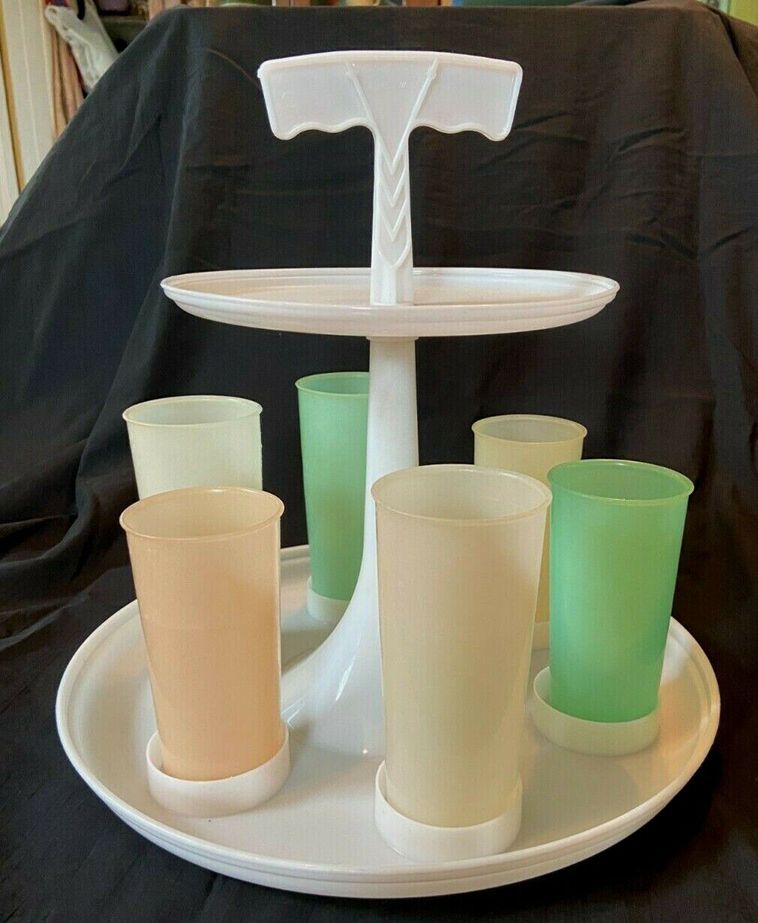 Vintage Tupperware Classic Carousel Tiered Caddy w 6 Pastel Cups in 2 Sizes