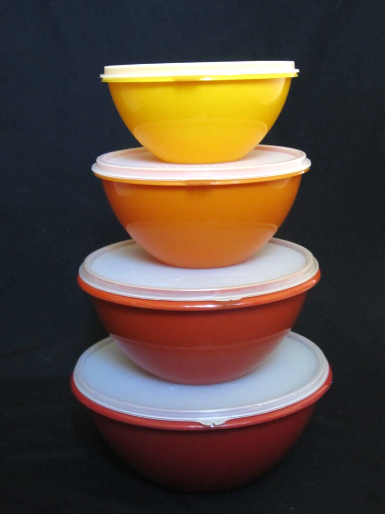 Vintage Tupperware Set of 4 Wonderlier Nesting Mixing Bowls Lids Harvest