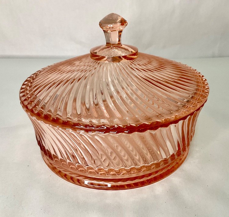 Vtg. Pink Depression Federal Glass “Diana” Swirl Covered Candy Dish Finial Knob