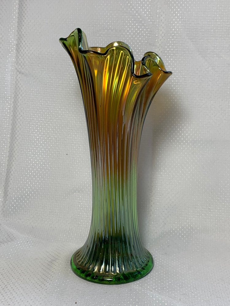 Wave Top Carnival Glass Vase Vtg Green Yellow Ribbed Iridescent Shimmer Aurora