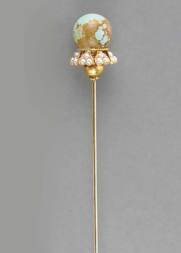 An Antique Turquoise, Seed Pearl, and Gold Hat Pin