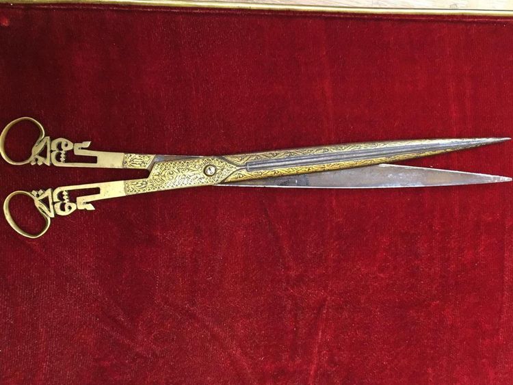 Antique 19th. Century Ottoman Calligraphy Scissors with Gold inlay on Iron