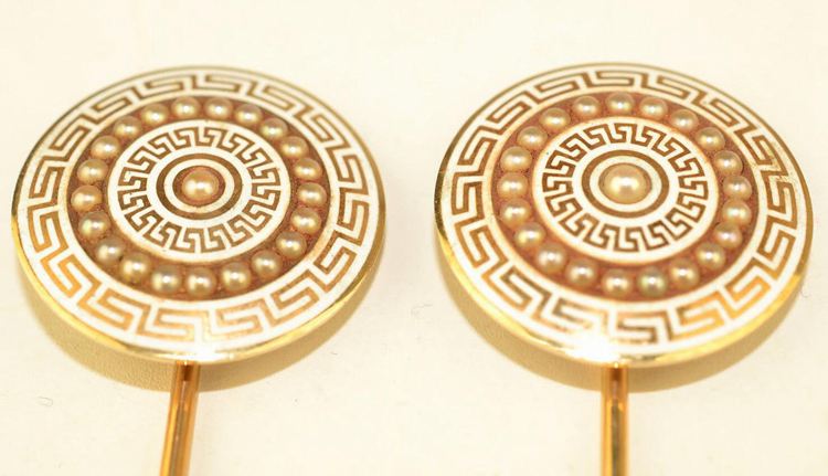 Antique Pair 14K Yellow Gold 9” Enamel Seed Pearl Hinged Hat Pin