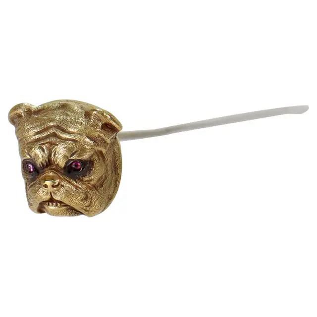 Antique Signed Sloan & Co 14K Gold Figural Bulldog Hat Pin with Ruby Eyes