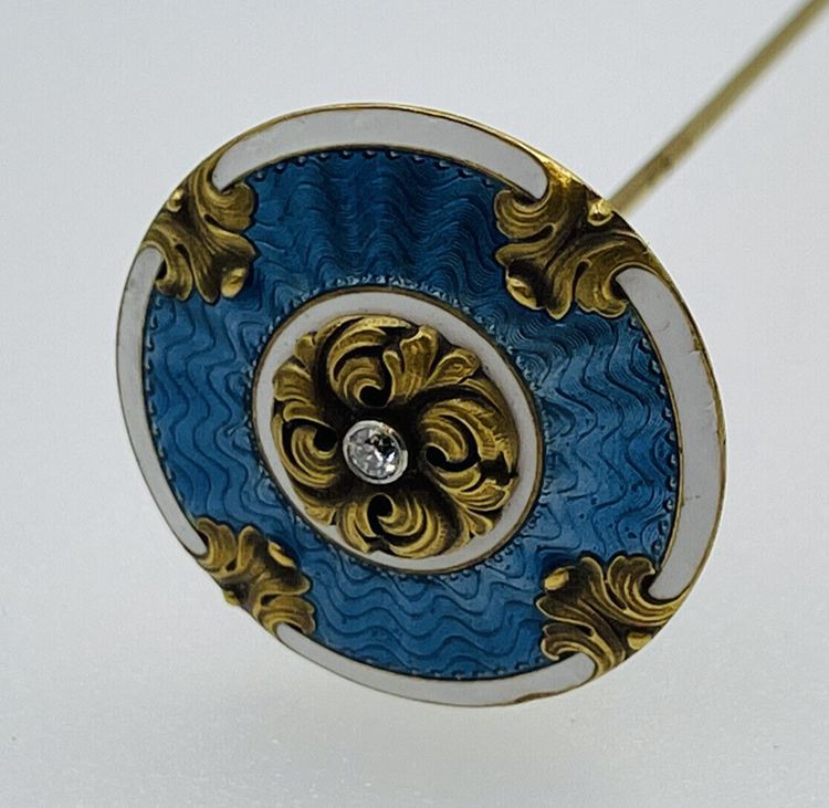 Antique Victorian 14k Yellow Gold Blue Enamel Guilloche Hat Pin