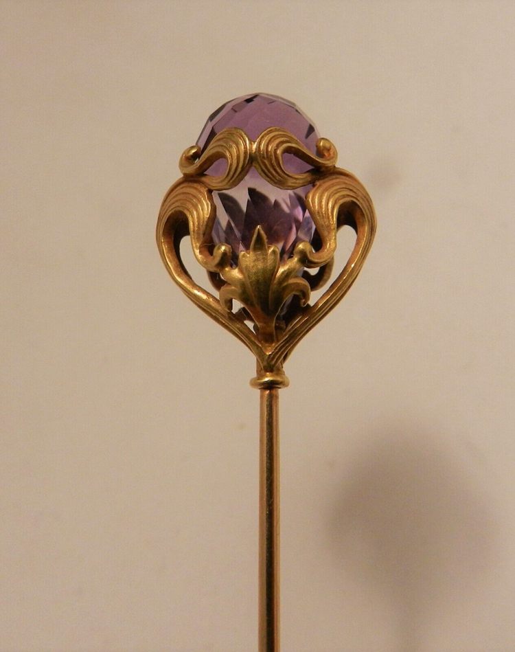 Rare 7” Antique Art Nouveau 14k Gold & Amethyst Hat Pin