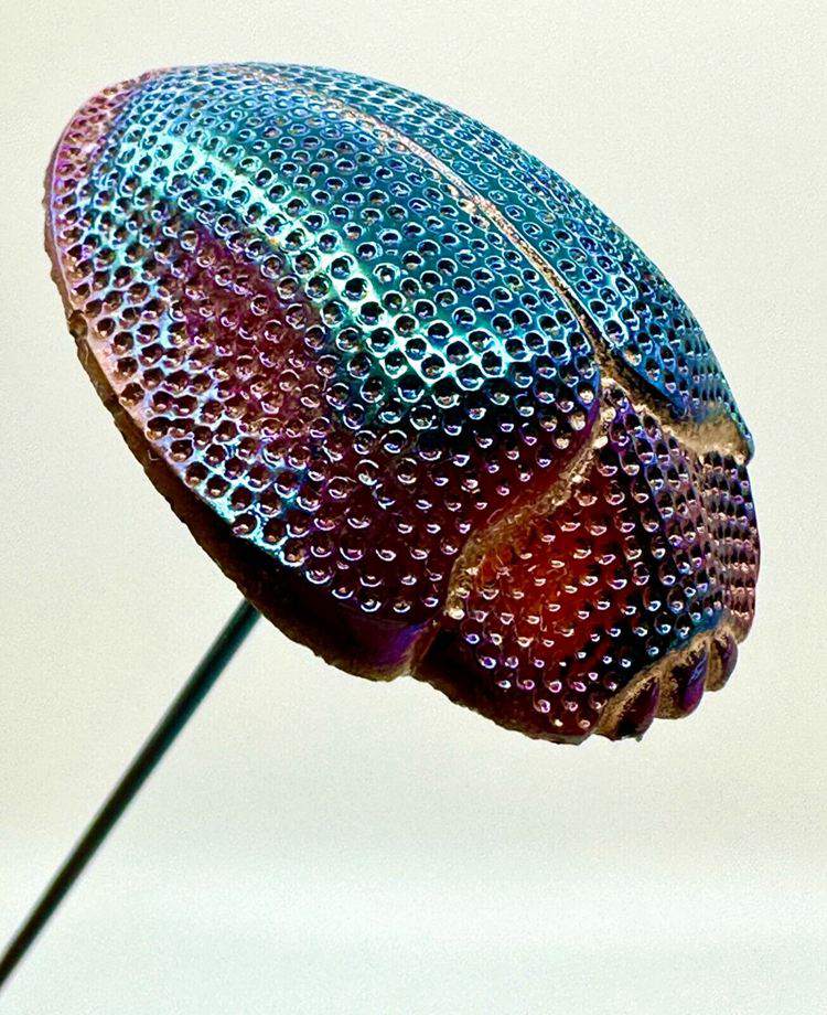 Rare Antique Carnival Glass Hat Pin Iridescent Lavender “Scarab Shell.”