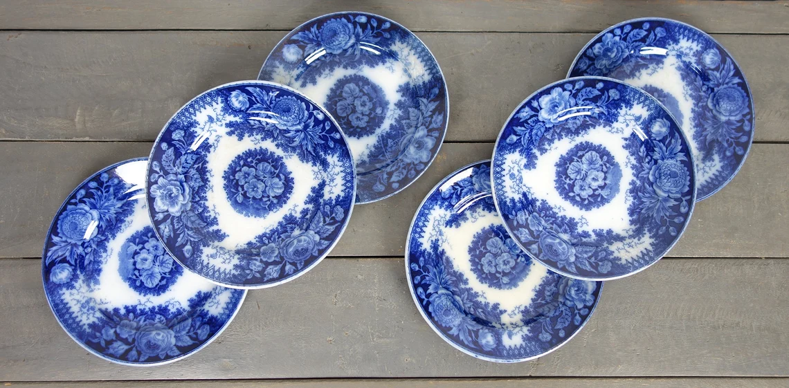 Beautiful plate set of 6 antique dessert plates with blue flowers on Etsy