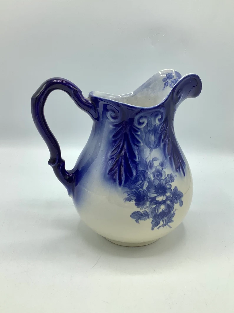Early English Flow Blue Jug with Floral Decoration on Etsy01