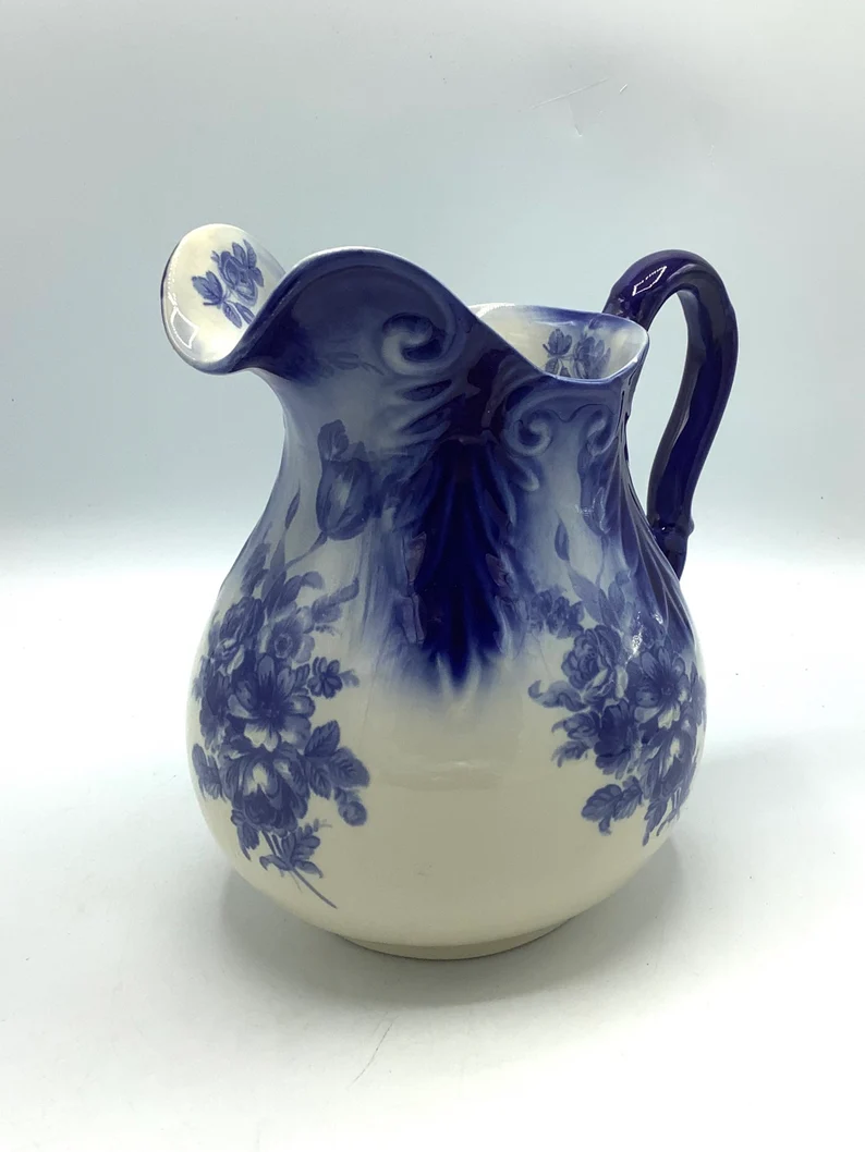 Early English Flow Blue Jug with Floral Decoration on Etsy02