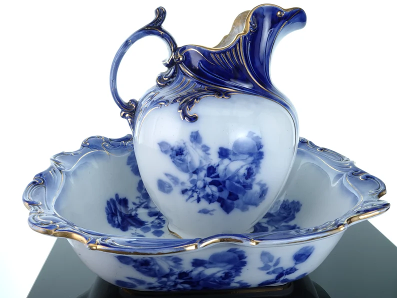 c1890 Royal Doulton Gloire De Dijon Flow Blue Wash Bowl